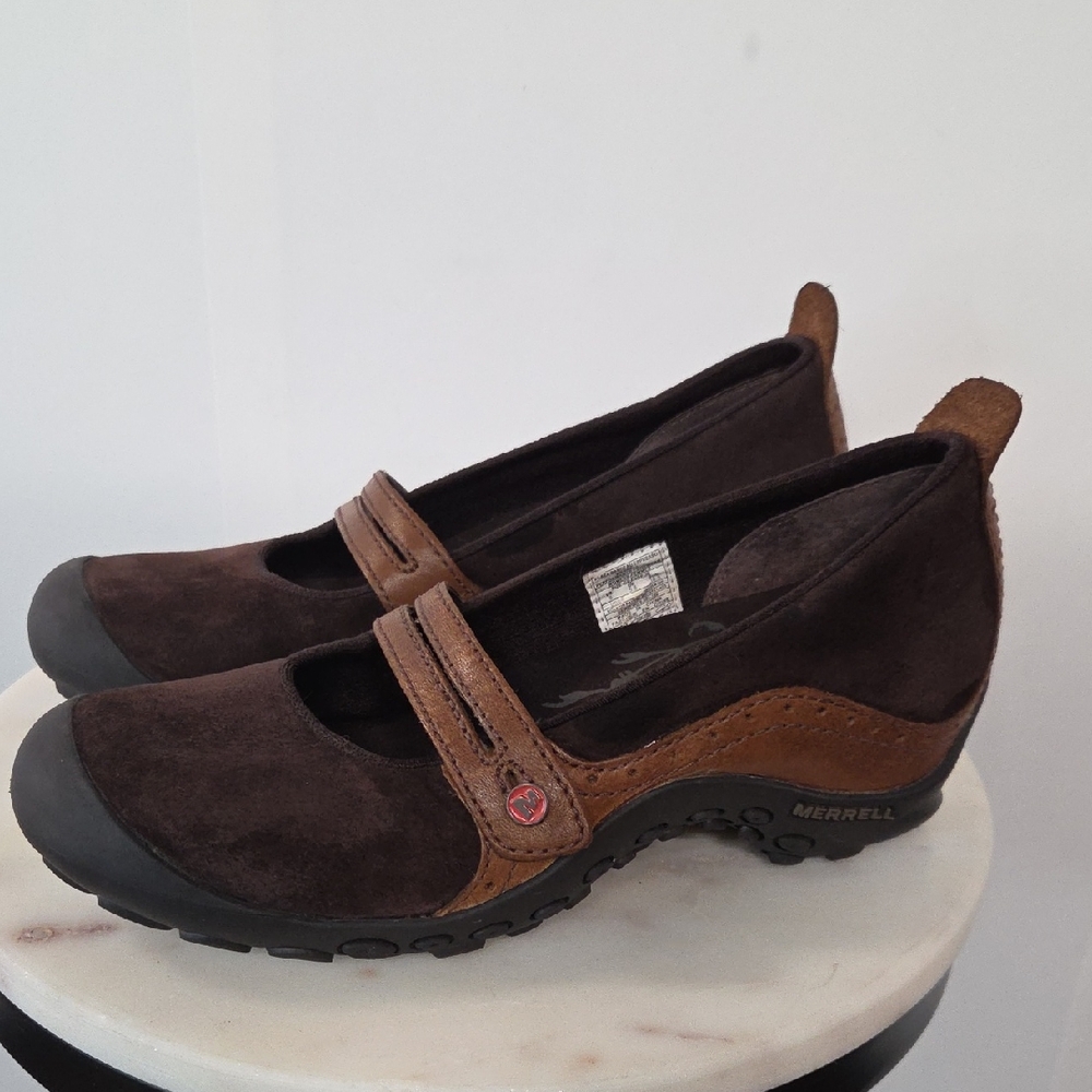 Merrell Brown and Tan Suede Mary Jane Heels Size 8